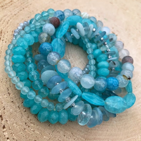 Natural Blue Aquamarine, Azure Amazonite & Agate Gemstone Beads Bracelet Stack - Picture 5 of 12